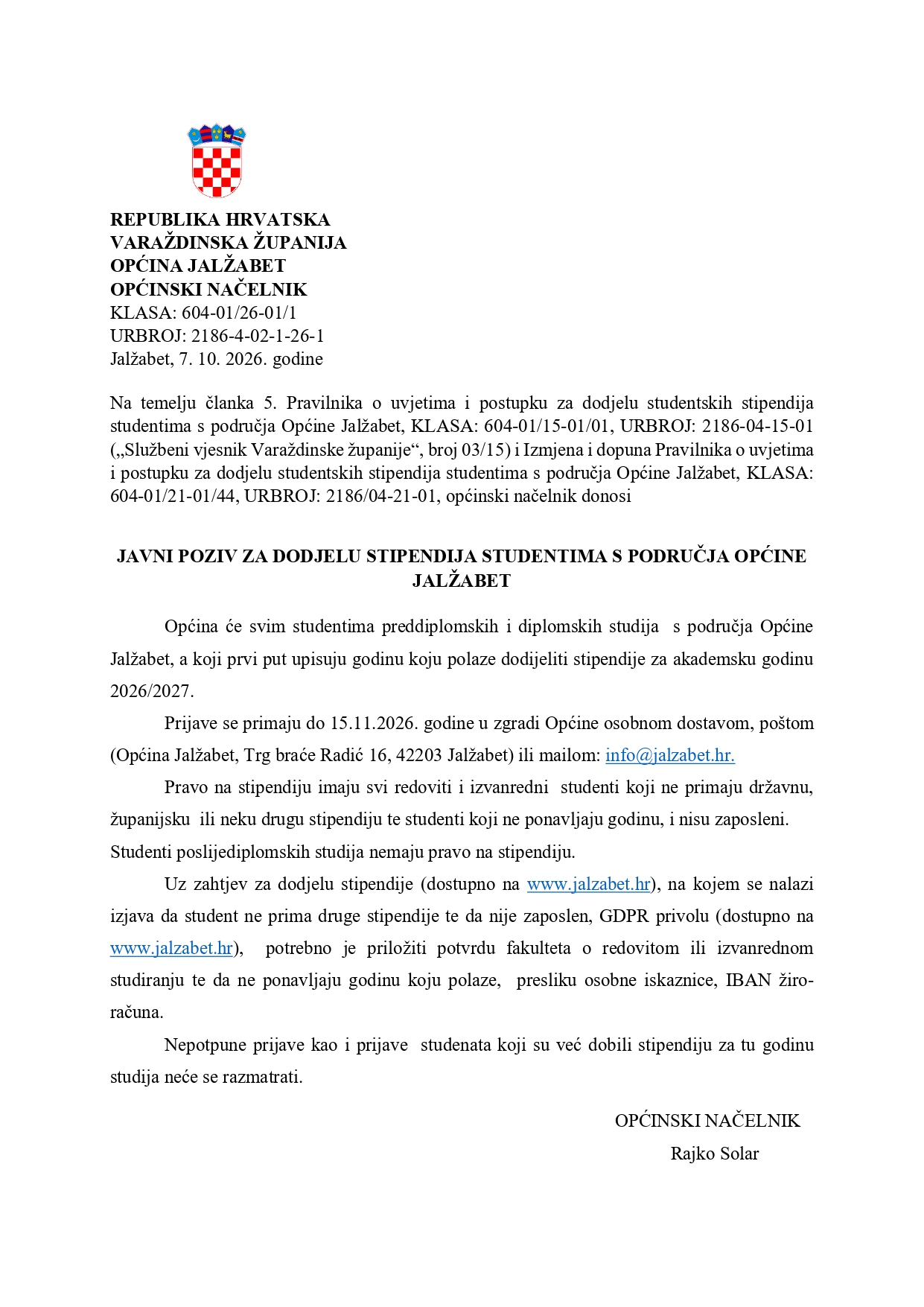 Javni poziv za dodjelu stipendija studentima s područja Općine Jalžabet